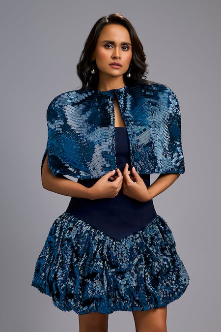 Deepika Arora_Navy Roma Sequins, Embroidery Bandeau Neck, Round Ruch Shimmer Dress With Cape _at_Aza_Fashions