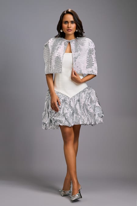 Deepika Arora Ruching Shimmer Embroidered Dress With Jacket 