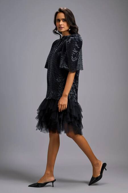 Deepika Arora_Black Roma Crew Neck Puff Sleeve Shimmer And Tulle Ruffle Dress _Online_at_Aza_Fashions