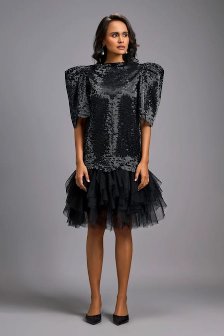 Deepika Arora Puff Sleeve Shimmer & Tulle Ruffle Dress 