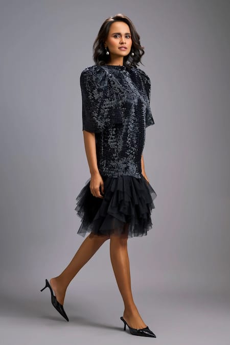Buy_Deepika Arora_Black Roma Crew Neck Puff Sleeve Shimmer And Tulle Ruffle Dress _Online_at_Aza_Fashions