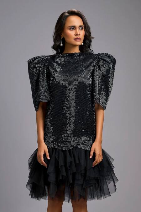 Buy_Deepika Arora_Black Roma Crew Neck Puff Sleeve Shimmer And Tulle Ruffle Dress 