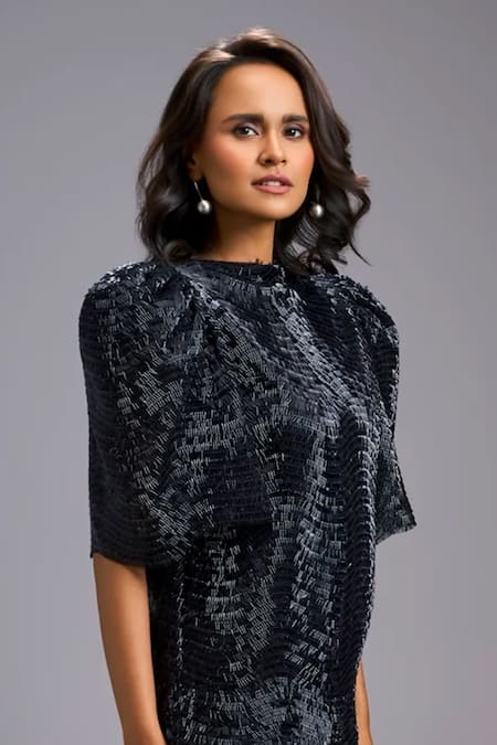 Shop_Deepika Arora_Black Roma Crew Neck Puff Sleeve Shimmer And Tulle Ruffle Dress 