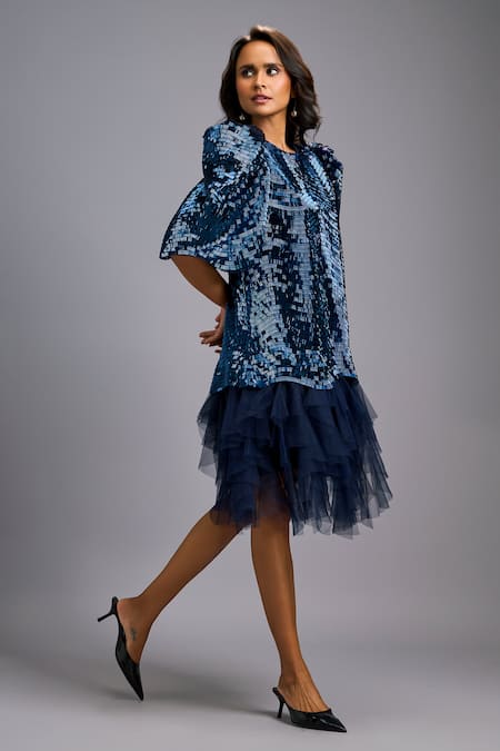 Deepika Arora_Navy Roma Sequins, Ruffles Round Neck Puff Sleeve Dress _Online_at_Aza_Fashions