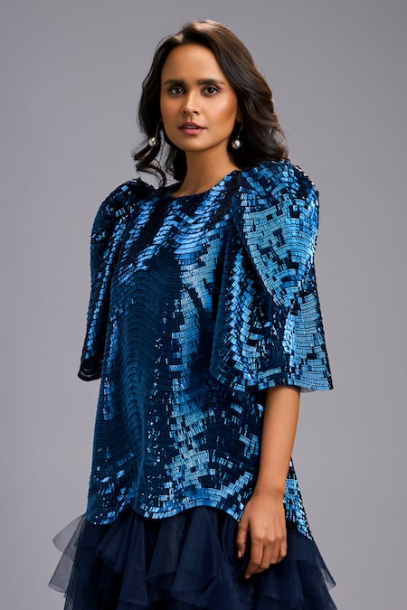 Buy_Deepika Arora_Navy Roma Sequins, Ruffles Round Neck Puff Sleeve Dress _Online_at_Aza_Fashions