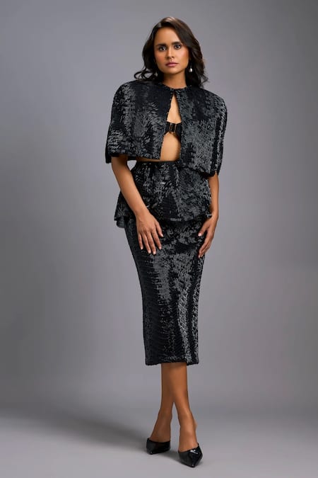 Deepika Arora Shimmer Cropped Jacket Skirt Set 