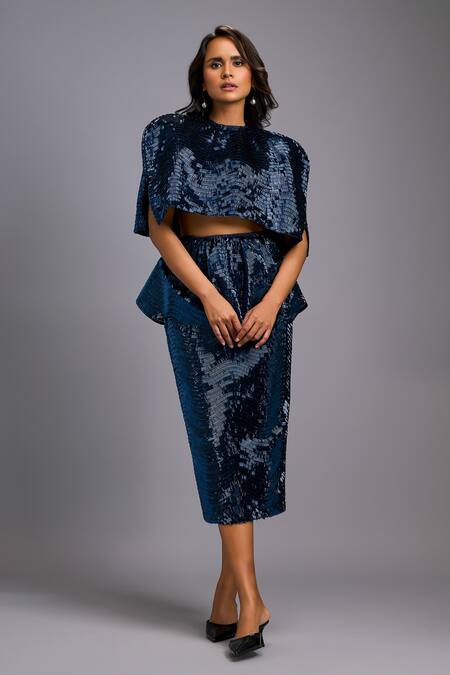 Deepika Arora_Navy Roma Sequins Round Neck, Shimmer Structured Cropped Jacket Skirt Set _Online_at_Aza_Fashions