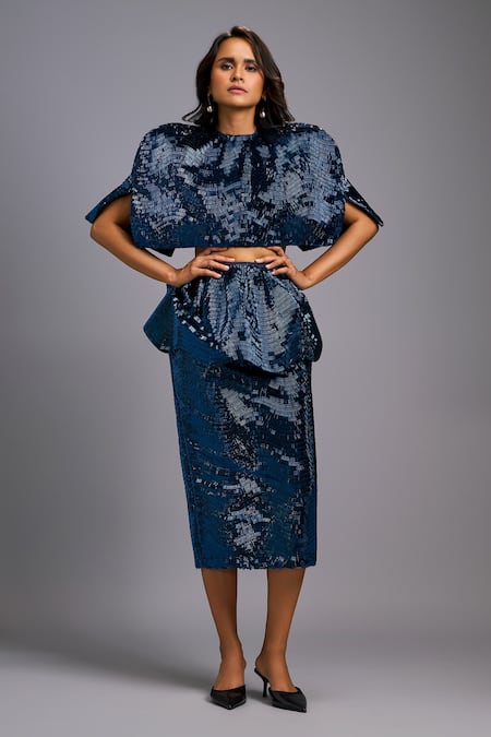 Deepika Arora Shimmer Structured Cropped Jacket Skirt Set 