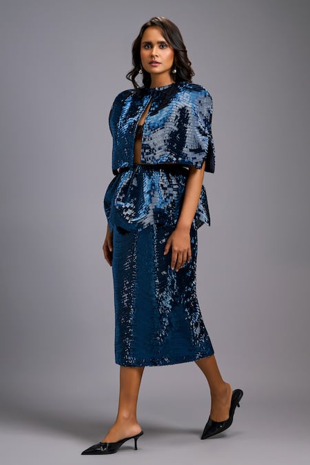Buy_Deepika Arora_Navy Roma Sequins Round Neck, Shimmer Structured Cropped Jacket Skirt Set _Online_at_Aza_Fashions