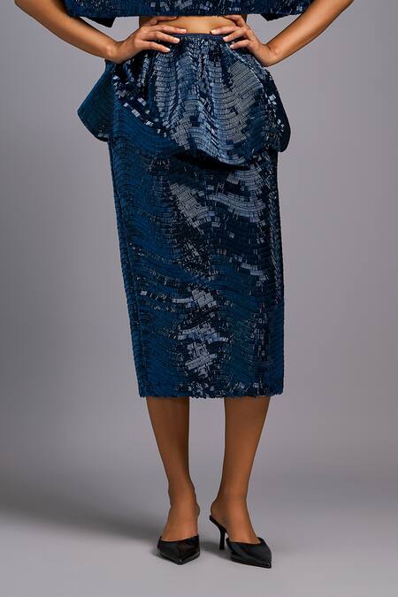 Shop_Deepika Arora_Navy Roma Sequins Round Neck, Shimmer Structured Cropped Jacket Skirt Set _Online_at_Aza_Fashions