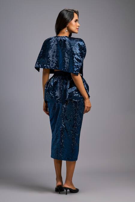 Deepika Arora_Navy Roma Sequins Round Neck, Shimmer Structured Cropped Jacket Skirt Set _at_Aza_Fashions