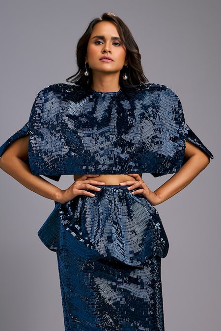 Shop_Deepika Arora_Navy Roma Sequins Round Neck, Shimmer Structured Cropped Jacket Skirt Set 
