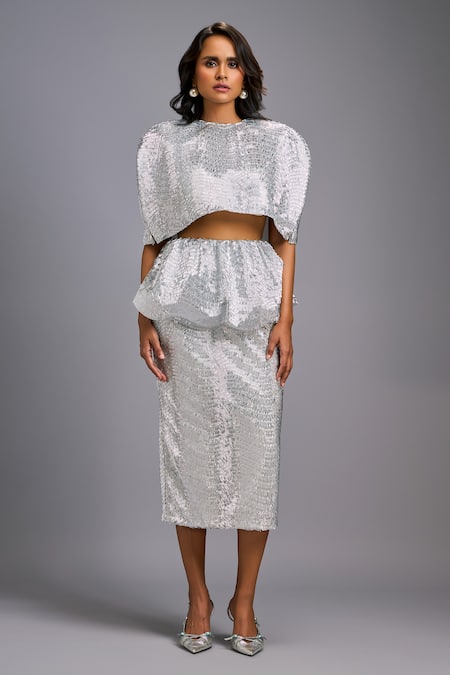 Deepika Arora Shimmer Cropped Jacket Skirt Set 