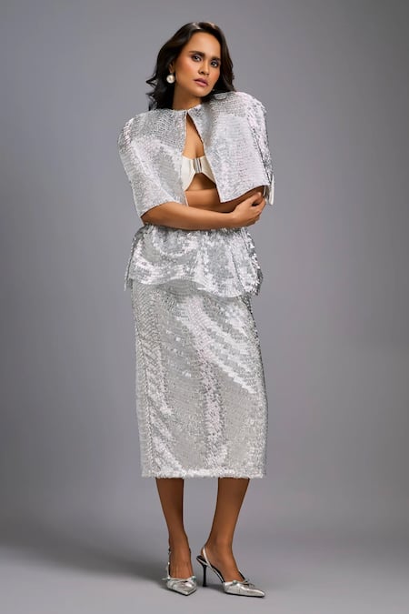 Buy_Deepika Arora_Silver Roma Sequins Round , Sweetheart Shimmer Cropped Jacket Skirt Set _Online_at_Aza_Fashions
