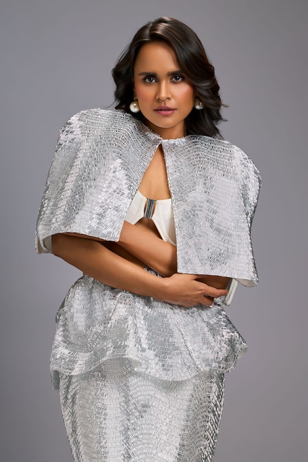 Deepika Arora_Silver Roma Sequins Round , Sweetheart Shimmer Cropped Jacket Skirt Set _at_Aza_Fashions