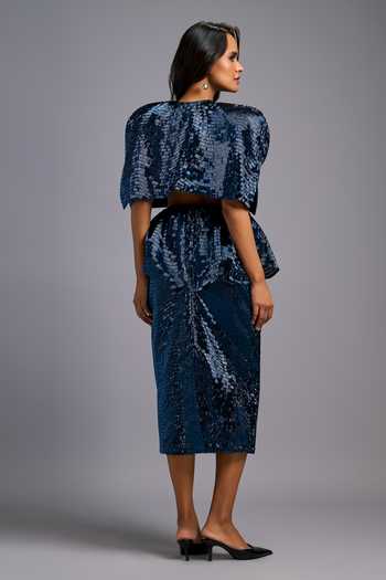 Shop Deepika Arora Navy Roma Sequins, Embroidery Shimmer Midi Skirt at Aza Fashions Shop_Deepika Arora_Navy Roma Sequins, Embroidery Shimmer Midi Skirt _at_Aza_Fashions