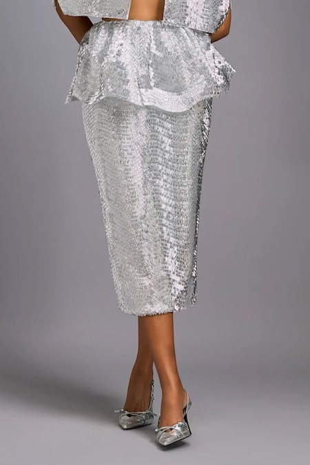 Deepika Arora_Silver Roma Embroidery Shimmer Midi Skirt _Online_at_Aza_Fashions
