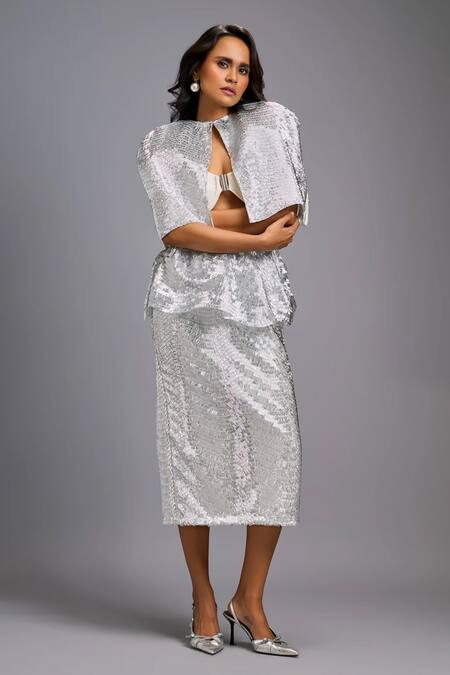 Buy_Deepika Arora_Silver Roma Embroidery Shimmer Midi Skirt _Online_at_Aza_Fashions