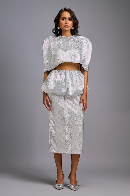 Shop_Deepika Arora_Silver Roma Embroidery Shimmer Midi Skirt _Online_at_Aza_Fashions