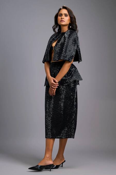Shop_Deepika Arora_Black Round Neck Shimmer Structured Cape _Online_at_Aza_Fashions