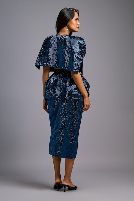 Buy_Deepika Arora_Navy High Neck Structured Shimmer Cape _Online_at_Aza_Fashions