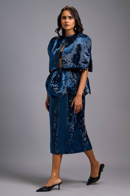 Deepika Arora_Navy High Neck Structured Shimmer Cape _at_Aza_Fashions