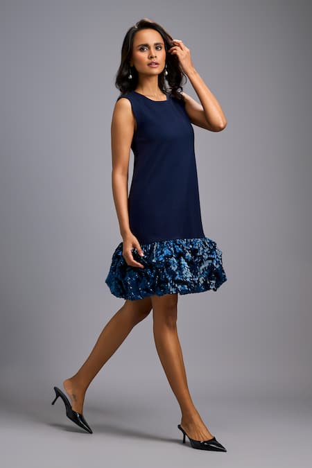 Buy_Deepika Arora_Navy Roma Sequins Round Neck Ruffled Shimmer Hem Dress _Online_at_Aza_Fashions