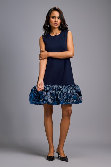 Deepika Arora_Navy Roma Sequins Round Neck Ruffled Shimmer Hem Dress _at_Aza_Fashions