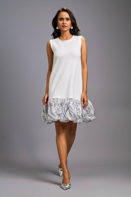 Deepika Arora_White Roma Sequins, Ruffles Round Neck Sleeveless Mini Dress _Online_at_Aza_Fashions
