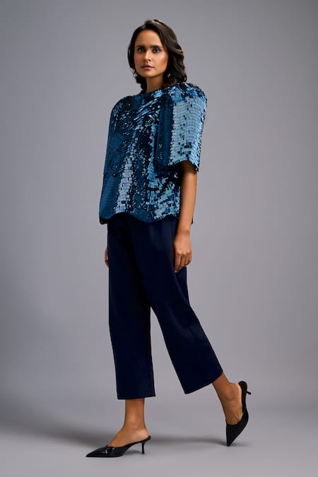 Deepika Arora Navy Roma Sequins Round Neck Textured Shimmer Top With Cropped Pant Online at Aza Fashions Deepika Arora_Navy Roma Sequins Round Neck Textured Shimmer Top With Cropped Pant _Online_at_Aza_Fashions