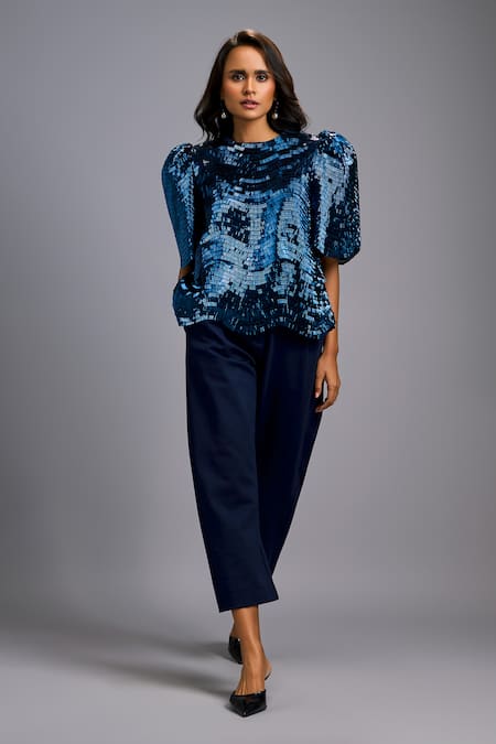 Buy Deepika Arora Navy Roma Sequins Round Neck Textured Shimmer Top With Cropped Pant Online at Aza Fashions Buy_Deepika Arora_Navy Roma Sequins Round Neck Textured Shimmer Top With Cropped Pant _Online_at_Aza_Fashions