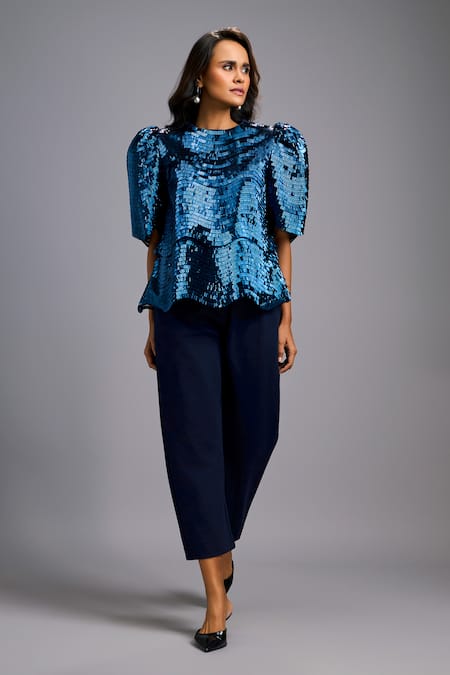Shop Deepika Arora Navy Roma Sequins Round Neck Textured Shimmer Top With Cropped Pant Online at Aza Fashions Shop_Deepika Arora_Navy Roma Sequins Round Neck Textured Shimmer Top With Cropped Pant _Online_at_Aza_Fashions