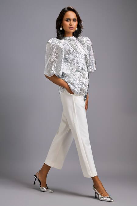 Deepika Arora_Silver Roma Sequins Round Neck Textured Shimmer Top With Tailored Cropped Pant _Online_at_Aza_Fashions