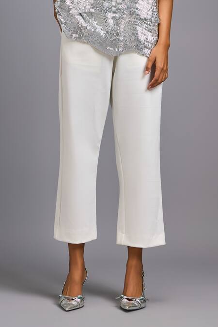 Buy_Deepika Arora_Silver Roma Sequins Round Neck Textured Shimmer Top With Tailored Cropped Pant _Online_at_Aza_Fashions