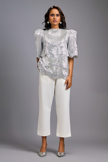Deepika Arora Textured Shimmer Top With Tailored Cropped Pant 