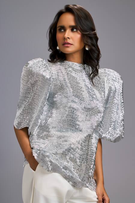 Deepika Arora_Silver Roma Sequins Round Neck Textured Shimmer Top With Tailored Cropped Pant _at_Aza_Fashions