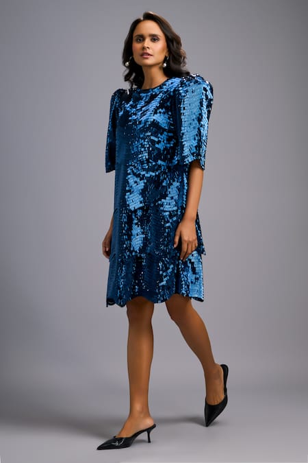 Deepika Arora_Navy Roma Sequins Round Neck Shimmer Textured Knee-length Dress _Online_at_Aza_Fashions