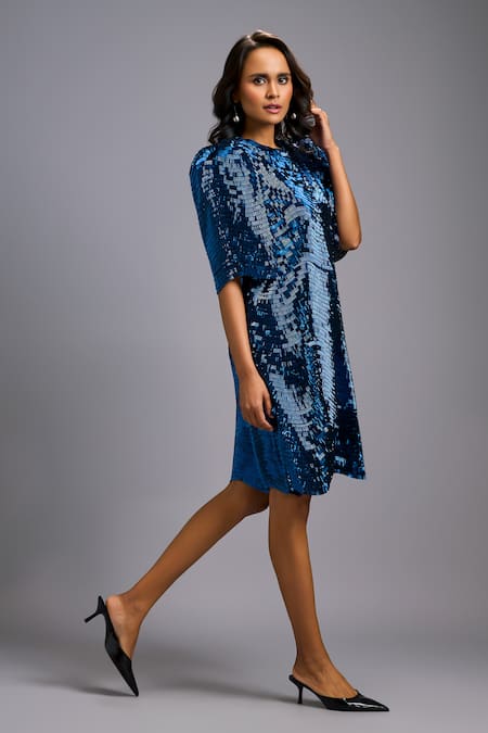 Buy_Deepika Arora_Navy Roma Sequins Round Neck Shimmer Textured Knee-length Dress _Online_at_Aza_Fashions