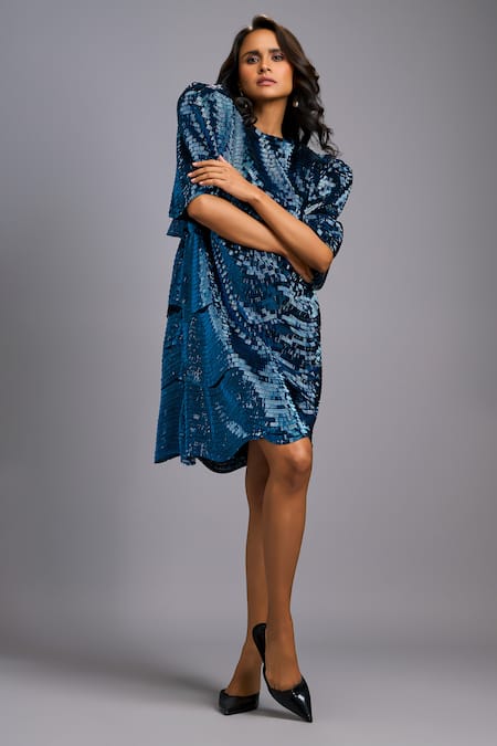 Shop_Deepika Arora_Navy Roma Sequins Round Neck Shimmer Textured Knee-length Dress _Online_at_Aza_Fashions
