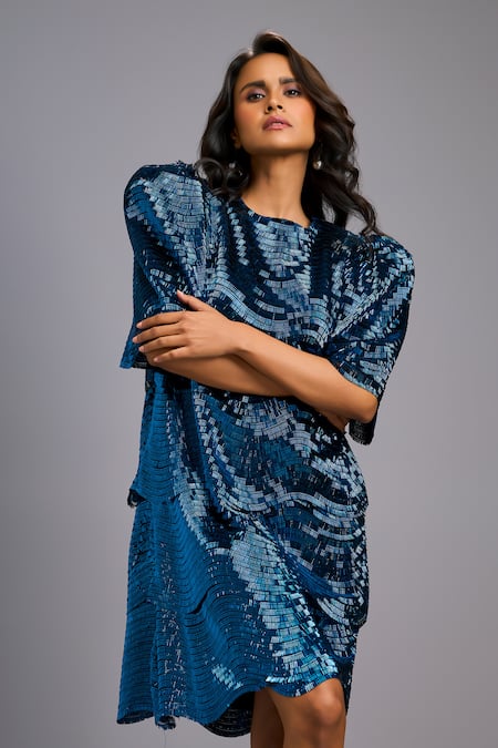 Deepika Arora_Navy Roma Sequins Round Neck Shimmer Textured Knee-length Dress _at_Aza_Fashions