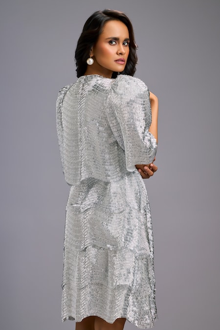 Buy_Deepika Arora_Silver Roma Sequins Round Neck Shimmer Textured Knee-length Dress _Online_at_Aza_Fashions