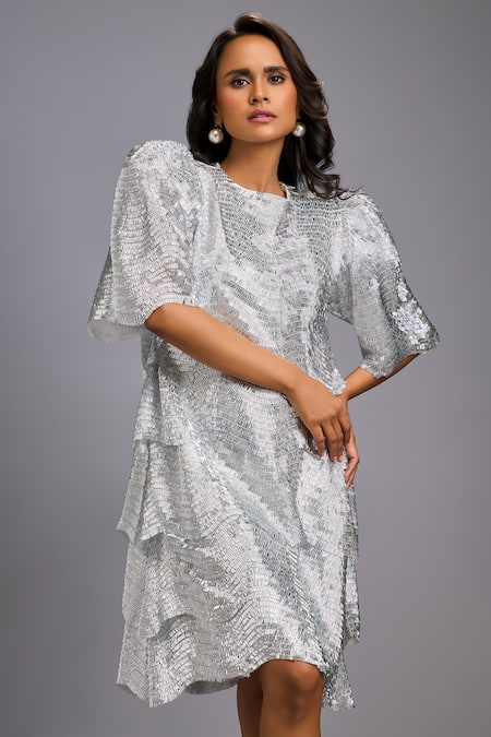 Shop_Deepika Arora_Silver Roma Sequins Round Neck Shimmer Textured Knee-length Dress _Online_at_Aza_Fashions