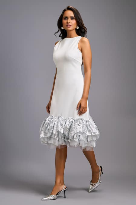 Buy Deepika Arora White Roma Sequins, Ruffles Round Neck Sleeveless Midi Dress Online at Aza Fashions Buy_Deepika Arora_White Roma Sequins, Ruffles Round Neck Sleeveless Midi Dress _Online_at_Aza_Fashions