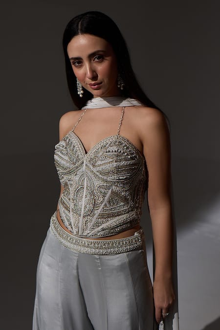 Buy_Jade By Ashima_Gray Organza, Crepe, Shantoon Embroidery, Applique, Agnes Corset Sharara Set _Online_at_Aza_Fashions