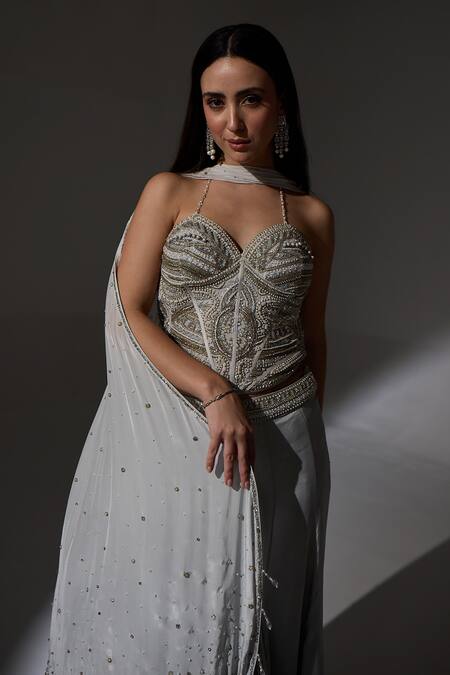 Shop_Jade By Ashima_Gray Organza, Crepe, Shantoon Embroidery, Applique, Agnes Corset Sharara Set _Online_at_Aza_Fashions
