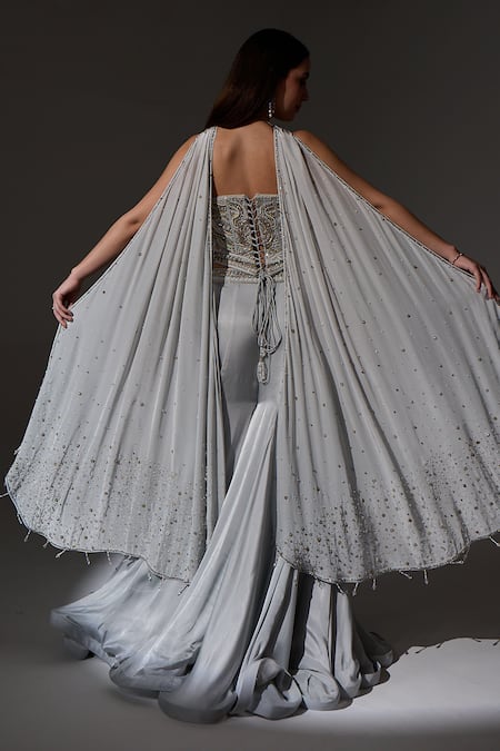 Jade By Ashima_Gray Organza, Crepe, Shantoon Embroidery, Applique, Agnes Corset Sharara Set _at_Aza_Fashions