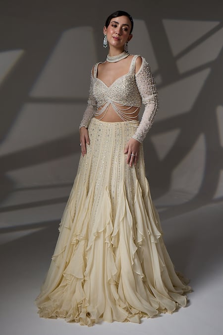 Buy_Jade By Ashima_Yellow Satin, Organza, Shantoon Beads, Beatrice Lehenga And Crop Top Set _Online_at_Aza_Fashions