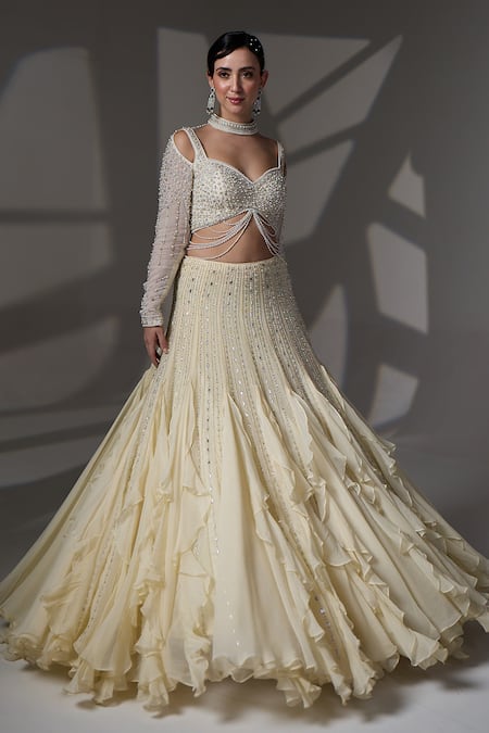 Jade By Ashima_Yellow Satin, Organza, Shantoon Beads, Beatrice Lehenga And Crop Top Set _at_Aza_Fashions