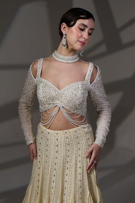 Buy_Jade By Ashima_Yellow Satin, Organza, Shantoon Beads, Beatrice Lehenga And Crop Top Set 