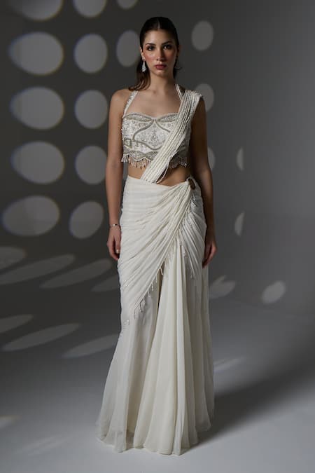 Jade By Ashima_Off White Organza, Shantoon Beads, Zari, Anna Pre-draped Saree With Blouse _Online_at_Aza_Fashions